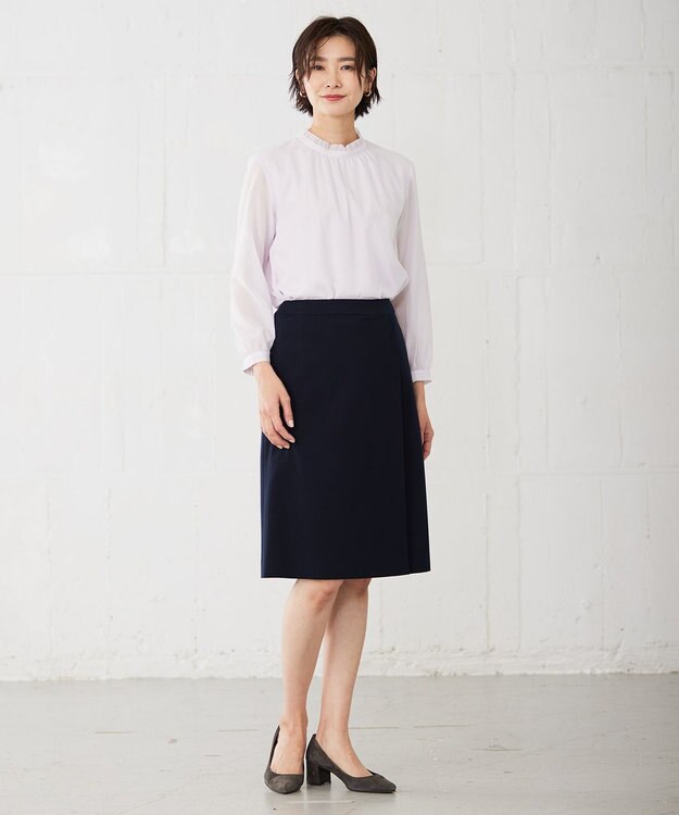 J.PRESS LADIES L カチオンストライプ フリルネック バンドカラー カットソー ふじ色系