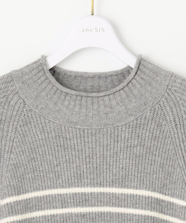 ANY SIS 【洗える】ハイネックボーダー ニット ライトグレー×アイボリーボーダー