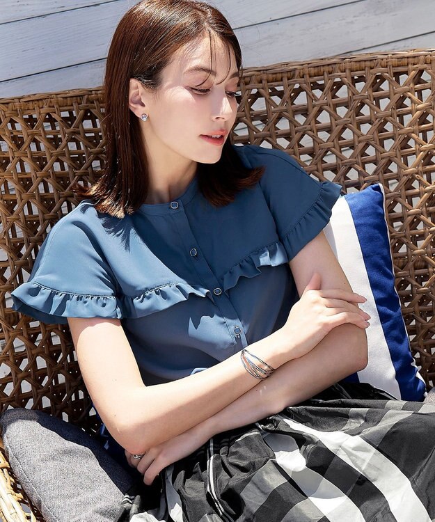 Tiaclasse L 【洗える】ケープ風フリルスリーブブラウス ブルー