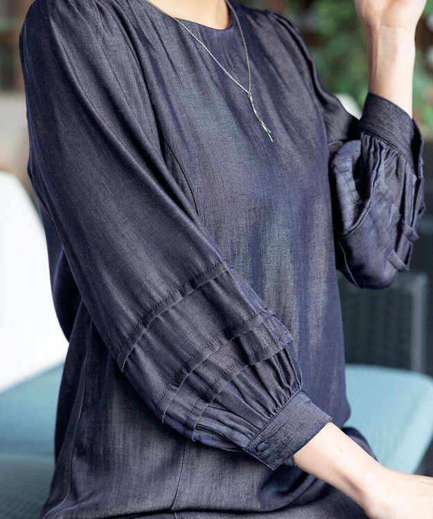 Tiaclasse L 【洗える】ナローフレアパフスリーブワンピース ネイビー