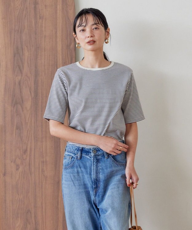 AMERICAN HOLIC 抗菌防臭リブ5分袖カットプルオーバー Border Ivory