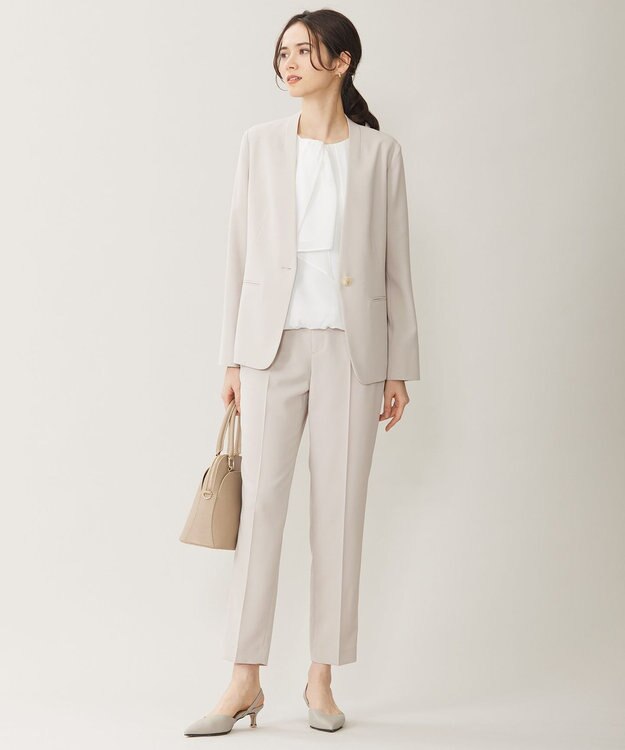 自由区 【セットアップ対応・UVカット・接触冷感・洗える】ライトストレッチノーカラー ジャケット ベージュ