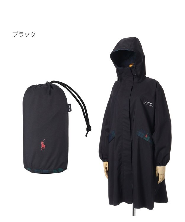 MOONBAT POLO RALPH LAUREN レインポンチョ 透湿撥水 無地×チェック 75デニール 収納袋付 ブラック