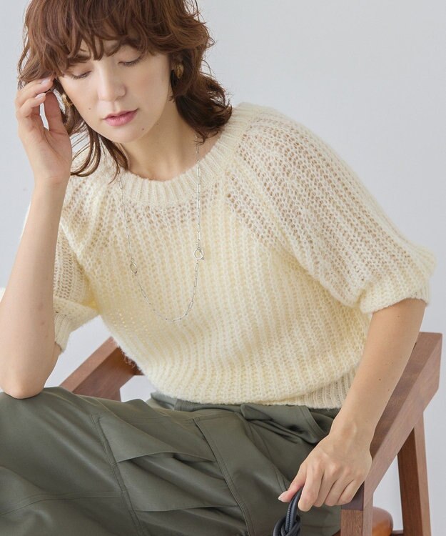 AMERICAN HOLIC モヘヤ風シアー半袖ニットトップス Ivory