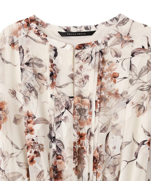 YECCA VECCA フラワー柄シアープリーツワンピース Ivory