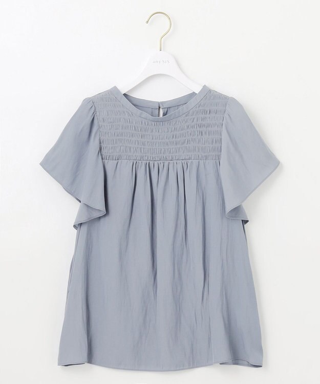 ANY SIS 【洗える】シャーリングツヤ ブラウス ダルブルー