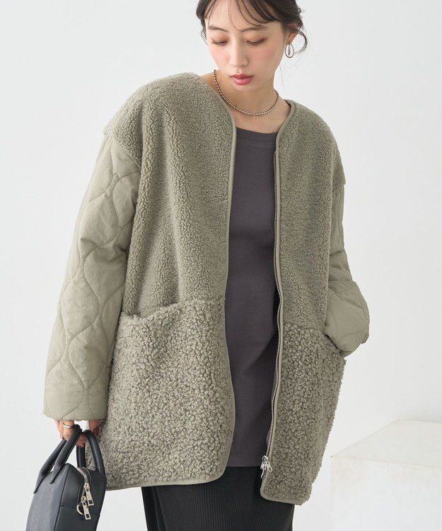 earth music&ecology ボアキルトミドルコート Khaki