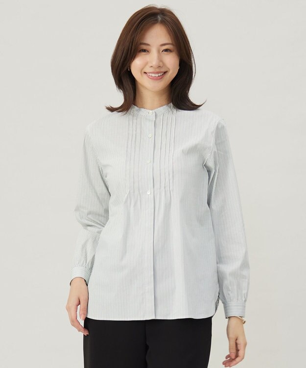 J.PRESS LADIES S 【洗える】BEZコットンナイロン ストライプ ピンタック ブラウス グリーン×ネイビーストライプ系1