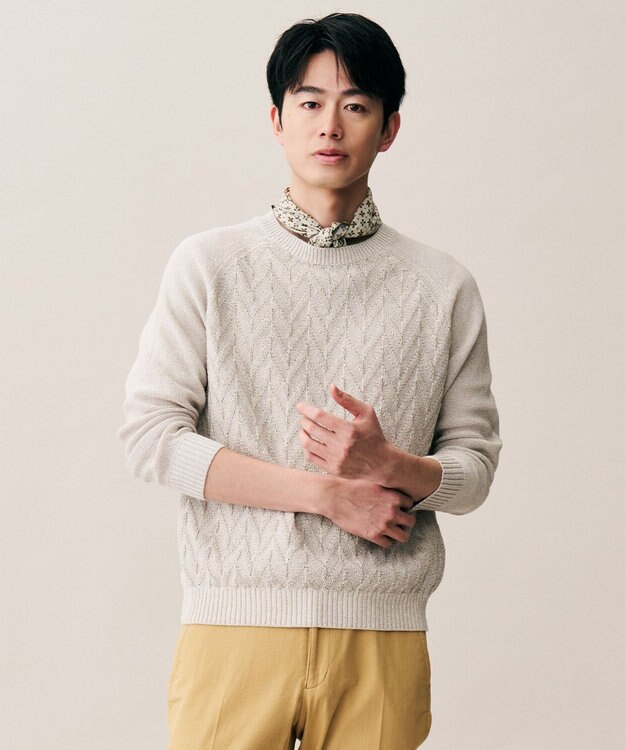 JOSEPH ABBOUD 【エコ素材和紙使用・日本素材】和紙杢メッシュクルーネック ニット ライトグレー系