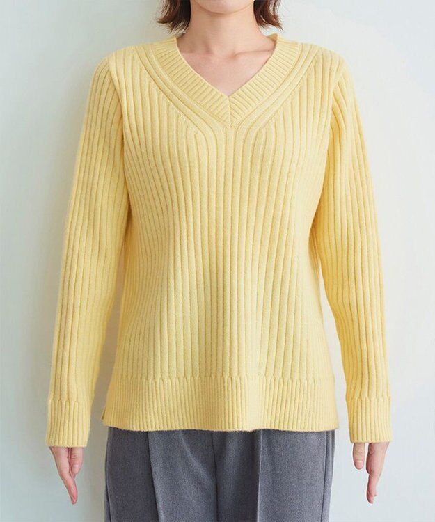 Tiaclasse L 【洗える】Vネックリブ編みニット イエロー