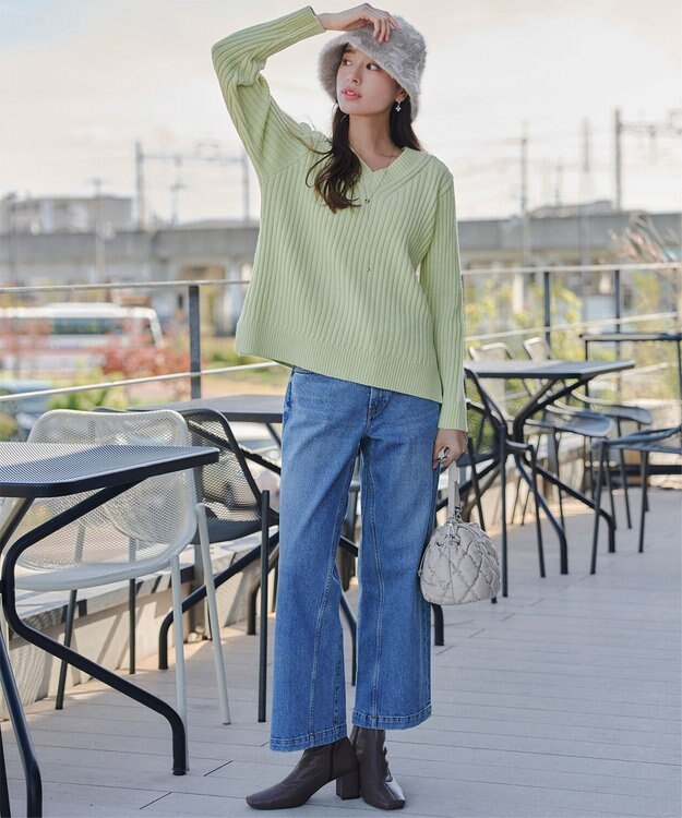 Tiaclasse L 【洗える】Vネックリブ編みニット ミント