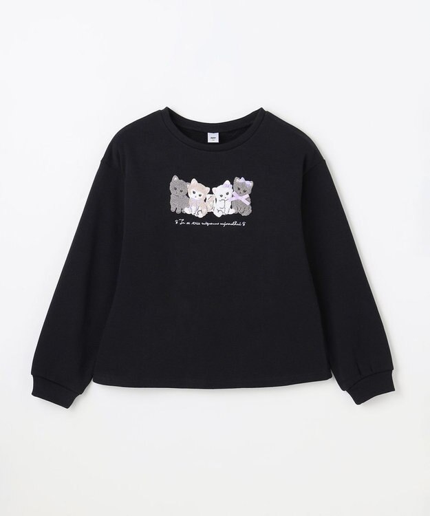 ANY KIDS なかよしサガラ刺繍 裏シャギー トレーナー ブラック×ネコ