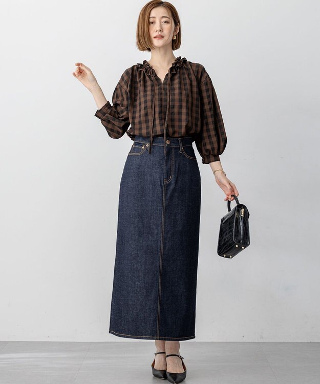 23区 L 【WEB&一部店舗限定】ブロックチェック フリル ブラウス ブラウンチェック