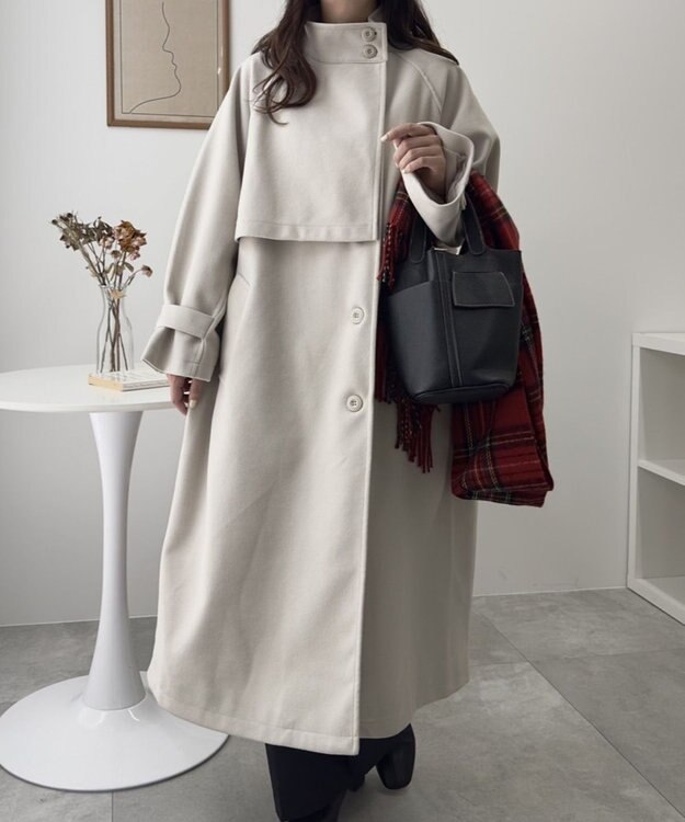 WEGO スタンドカラーロングコート ホワイトアイボリー