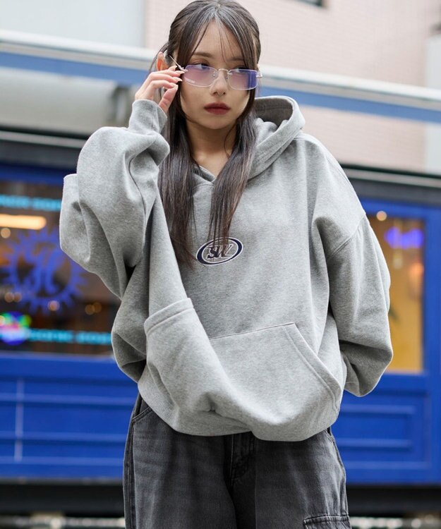 WEGO 【ユニセックス着用ITEM/裏起毛】バルーンクロップドグラフィックプルパーカー 杢グレー