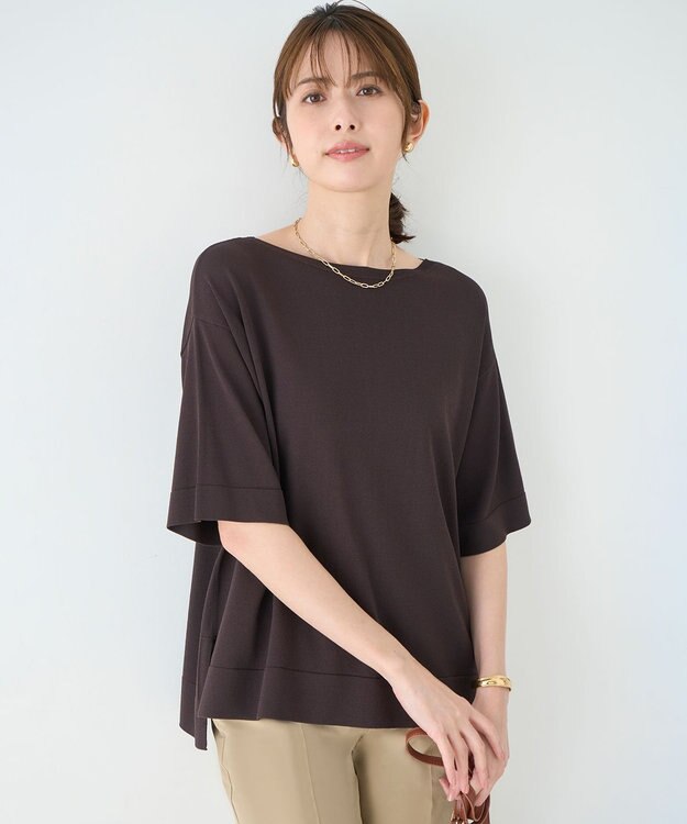 UNFILO L スゴ機能 ハーフスリーブニットT ブラウン