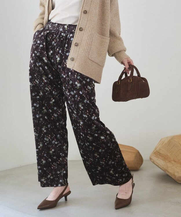 WEGO 【ANGIE VINTAGE】ベロア小花柄イージパンツ ダークブラウン