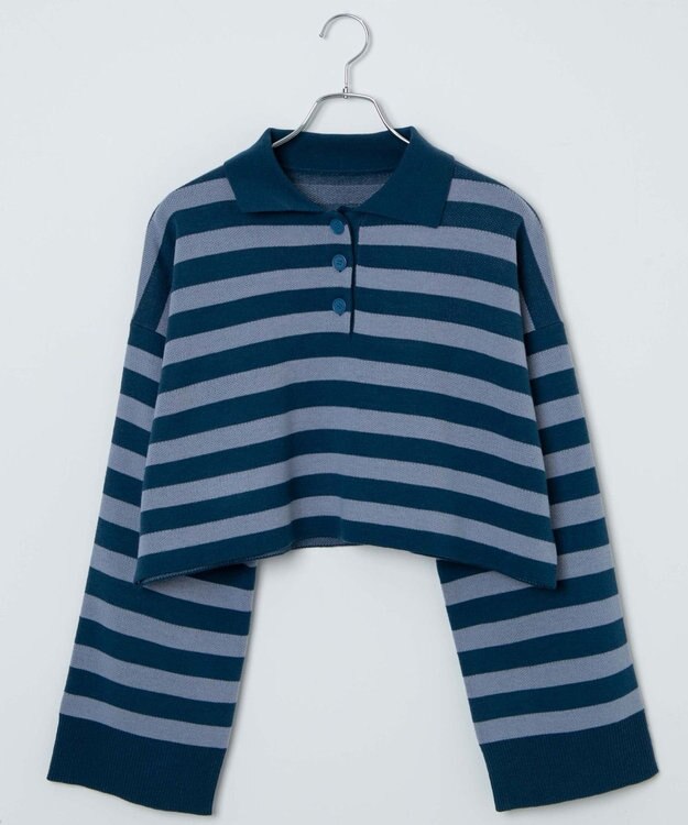 WEGO ボーダーニットポロ ブルーボーダー