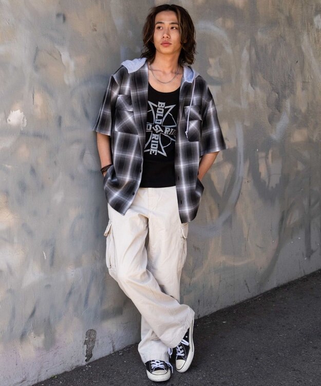 WEGO 【ユニセックス着用ITEM/MLサイズ展開】オンブレチェックフードシャツ（SS） ブラックチェック1