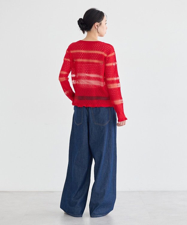 earth music&ecology シアーボーダーニットカーディガン Red