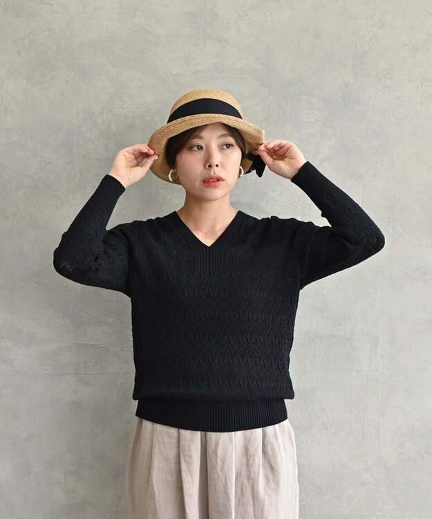 muuc 〈コットン100%強撚糸〉〈通気性が高いドライタッチな素材〉透かし編み 袖口リブ Vネック プルオーバー BLK ブラック