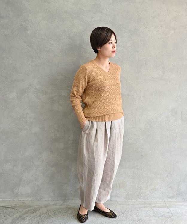 muuc 〈コットン100%強撚糸〉〈通気性が高いドライタッチな素材〉透かし編み 袖口リブ Vネック プルオーバー L.BRN  ライトブラウン