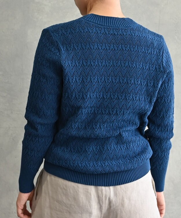 muuc 〈コットン100%強撚糸〉〈通気性が高いドライタッチな素材〉透かし編み 袖口リブ Vネック プルオーバー BLU ブルー