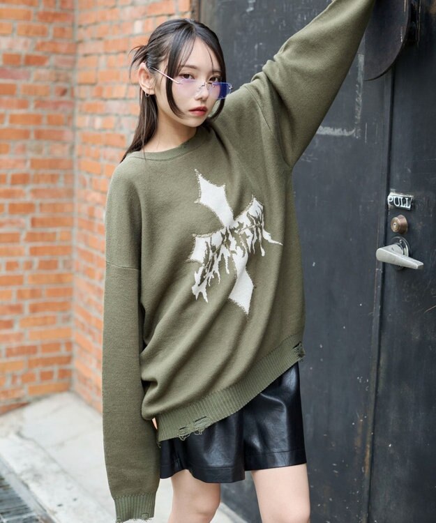 WEGO ダメージジャガードプルオーバー カーキ