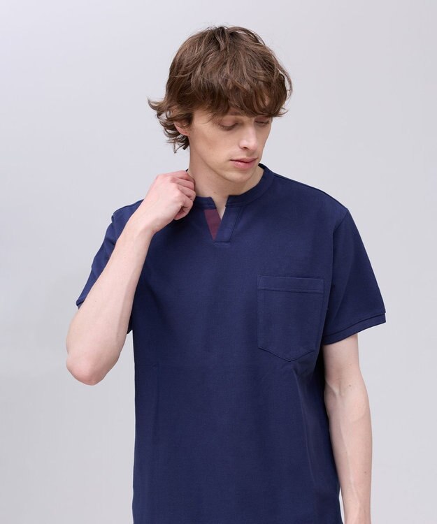 J.PRESS MEN コットンカノコ キーネックポケット Tシャツ ネイビー系