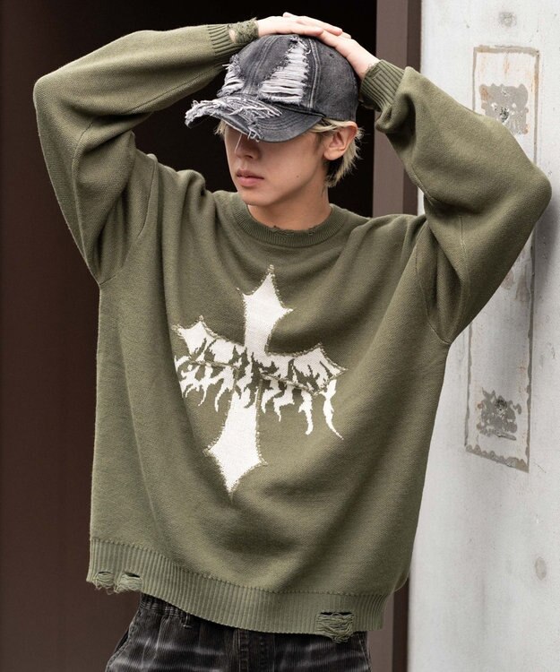 WEGO ダメージジャガードプルオーバー カーキ