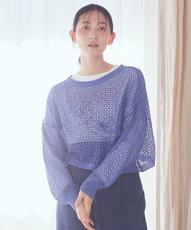earth music&ecology スパンコールメッシュニットプルオーバー Light Blue
