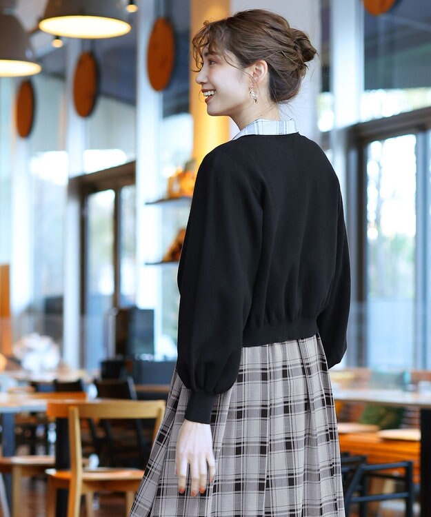 Tiaclasse 【洗える】小顔効果も期待できるスキッパーシャツワンピース グレージュチェック