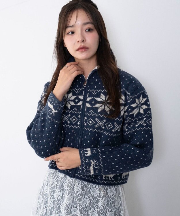 WEGO ユキガラダブルジップカーデ ブルー