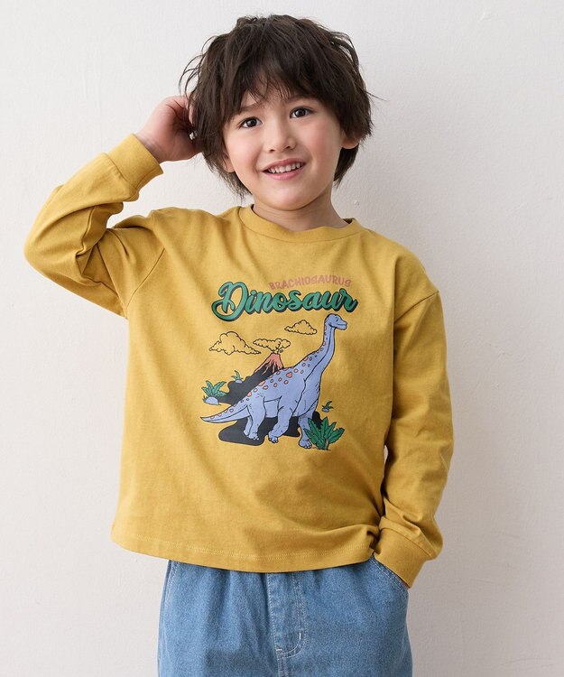 ANY KIDS 恐竜プリント 長袖Tシャツ マスタード（ブラキオサウルス）