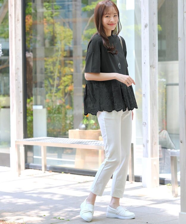 Tiaclasse 【洗える】刺繍レースドッキングカットソートップス チャコールグレー