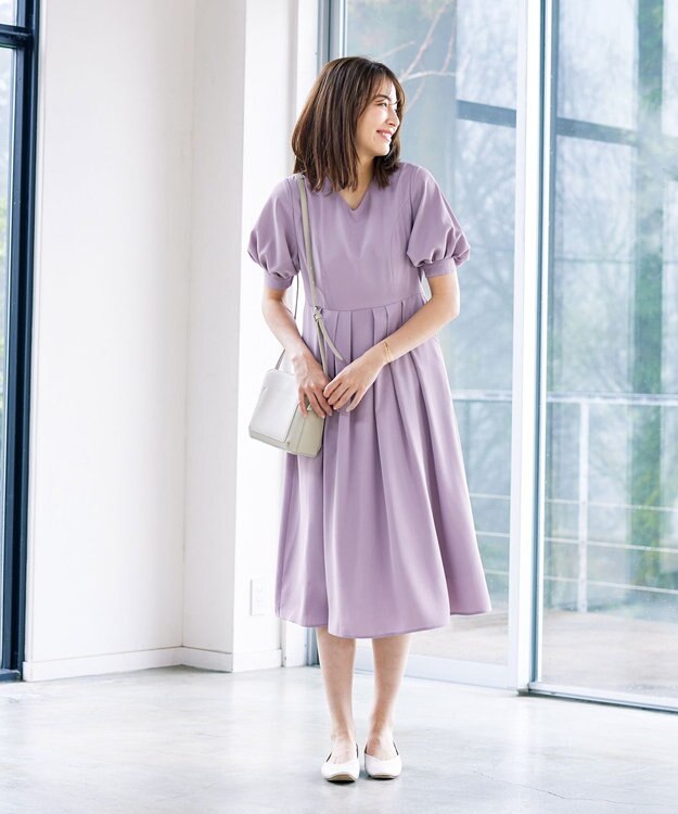 Tiaclasse L 【洗える】パフスリーブワンピース ラベンダー