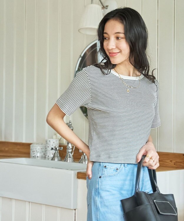 WEGO 【洗える/SML】コンパクトリブT ホワイトボーダー