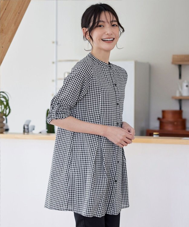 Tiaclasse 【新色追加・洗える】バンドカラーシャツチュニックブラウス ブラックチェック
