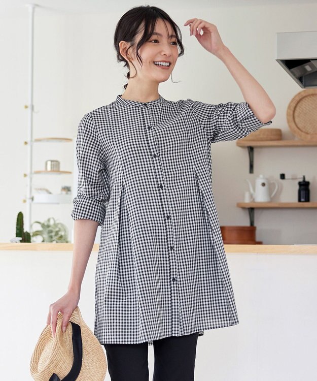 Tiaclasse 【新色追加・洗える】バンドカラーシャツチュニックブラウス ブラックチェック