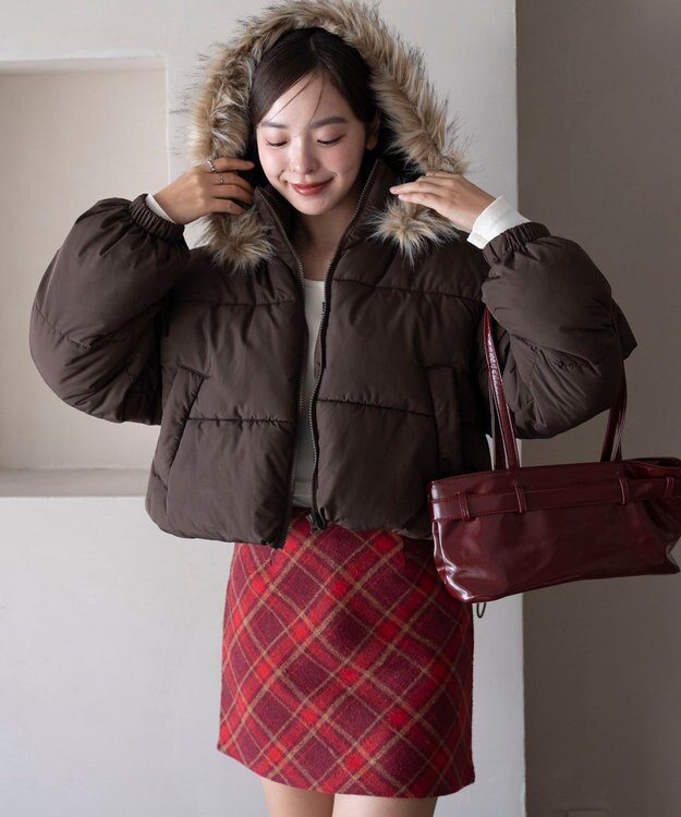 WEGO 【25年秋冬新作/SMサイズ展開】2WAYファーフードショートパファーブルゾン ブラウン