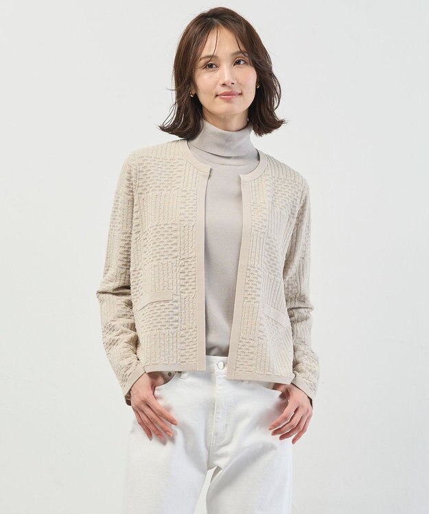 J.PRESS LADIES L ジャガード ニット ジャケット ベージュ系