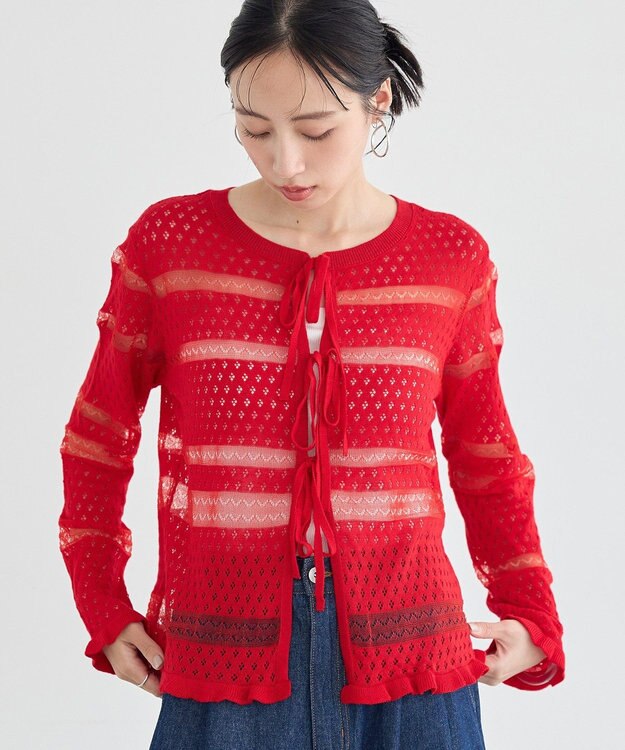 earth music&ecology シアーボーダーニットカーディガン Red