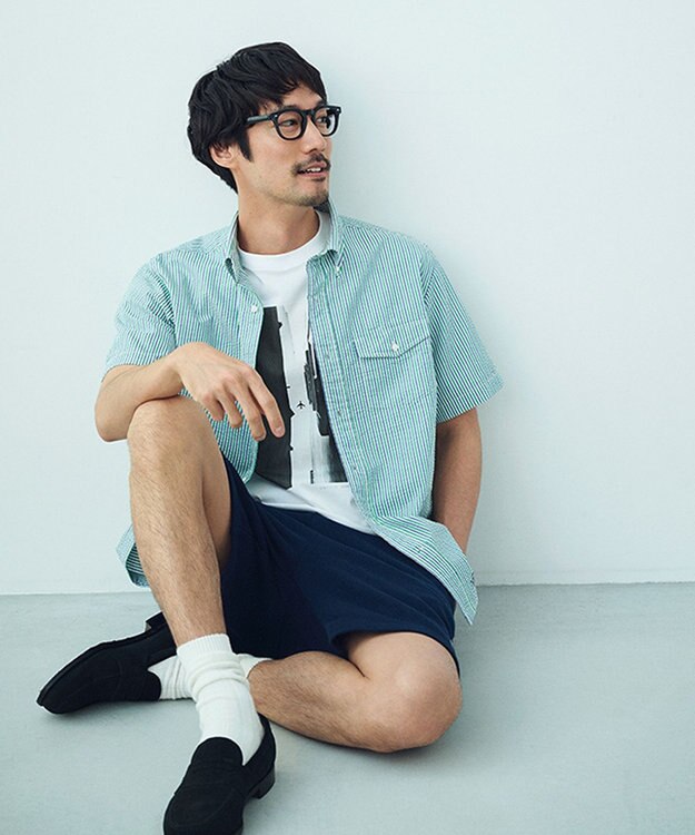 J.PRESS MEN 風が通るシアサッカーの清涼感【吸水速乾 / 高通気性】【クールマックス】サッカーストライプ シャツ / B.D. グリーン系1