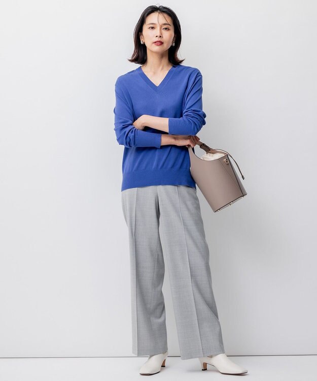 23区 【洗える】シルクコットン Vネック ニット ダルブルー系