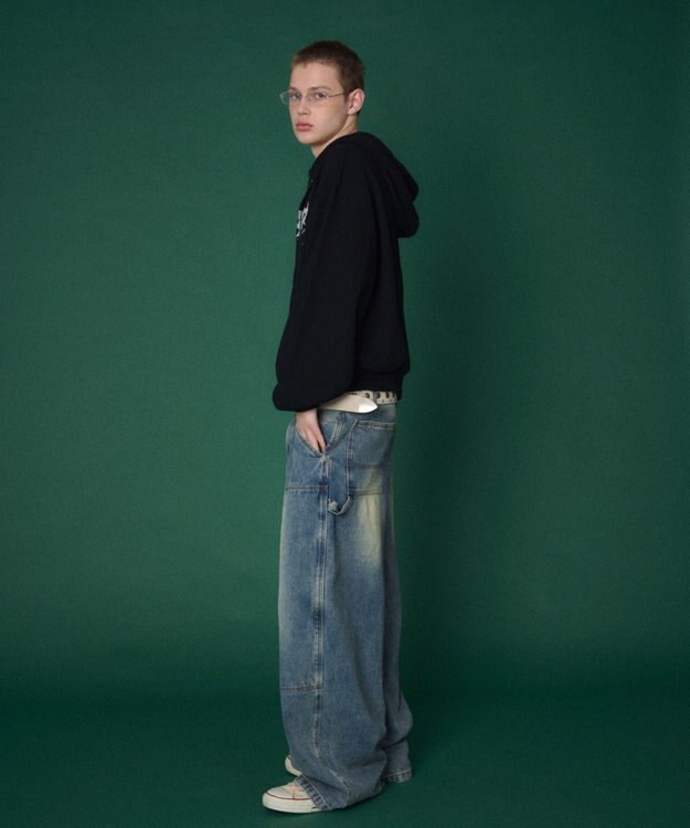 WEGO 【ユニセックス着用ITEM】ワッフルグラフィックカットZIPパーカー ブラック