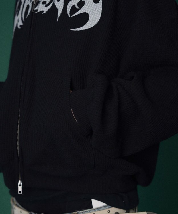 WEGO 【ユニセックス着用ITEM】ワッフルグラフィックカットZIPパーカー ブラック