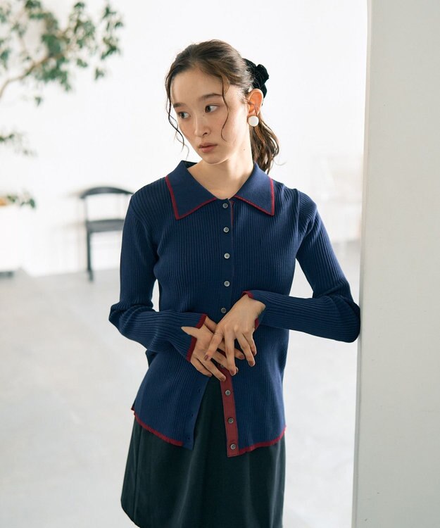 earth music&ecology バイカラートリムロングニットカーディガン Navy