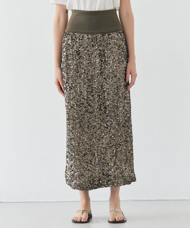 BEIGE， 【洗える】ALYSSUME / スパンコールストレッチニットスカート Khaki