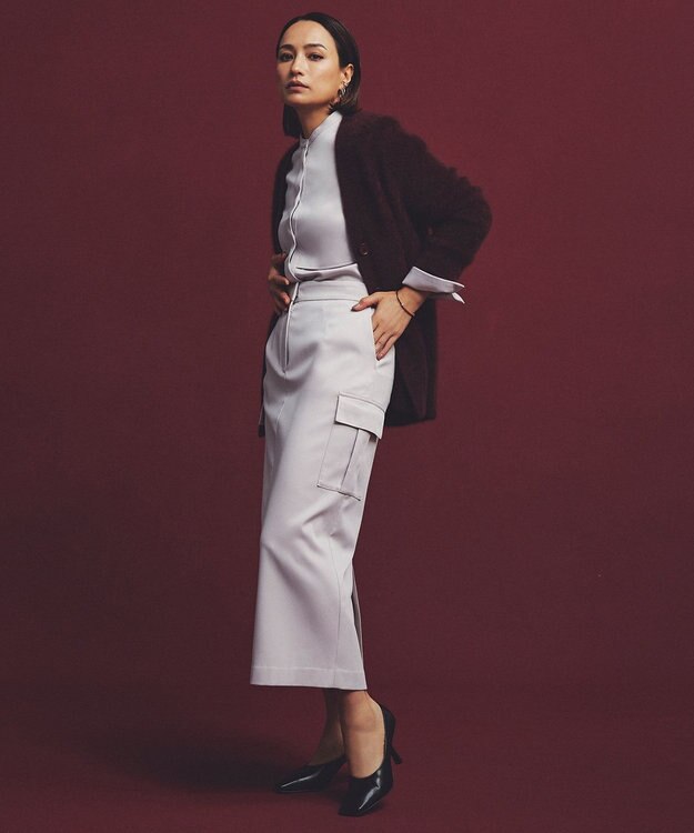 ICB L 【洗える】ウォームサテン カーゴスカート ヘイズピンク系