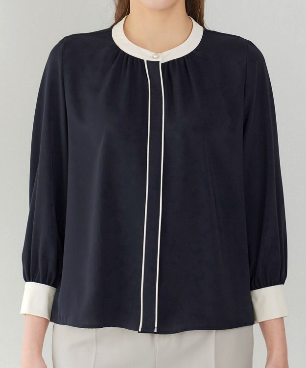 Tiaclasse イージーケア配色スタンドカラーブラウス ネイビー